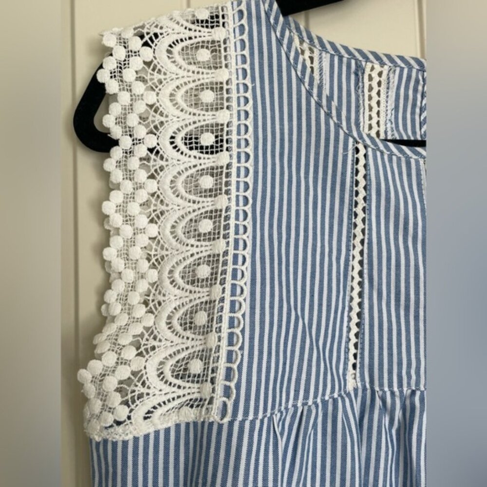 Blue and White Striped Top with Lace Flutter Sleeve - Picture 3 of 5